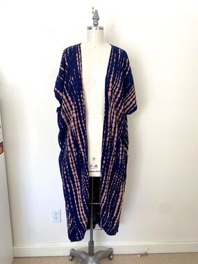 Navy Blue Long Tie-Dye Cover-up Kimono Style Beach Top Vacation Style Cardigan
